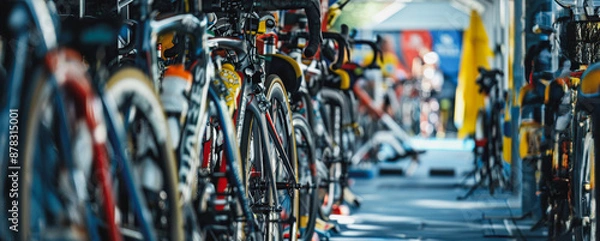 Fototapeta Row of bicycles parked near a busy street scene on a sunny day