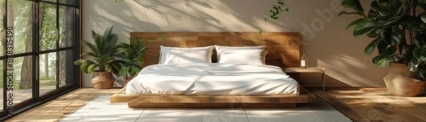 Fototapeta Bedroom with a low platform bed and minimal decor, showcasing simplicity in sleep environments