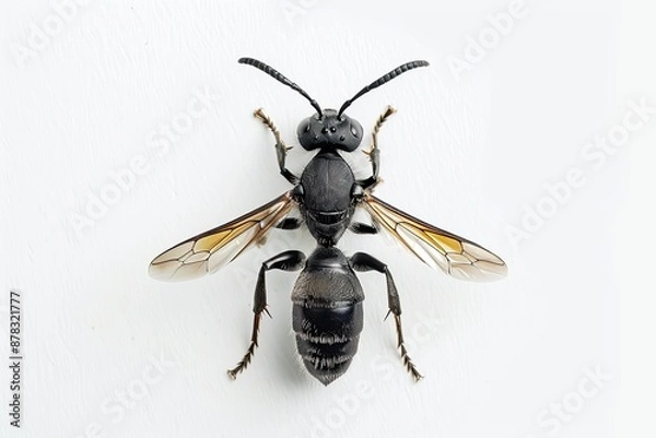 Fototapeta Closeup photograph of a black and yellow wasp with spread wings