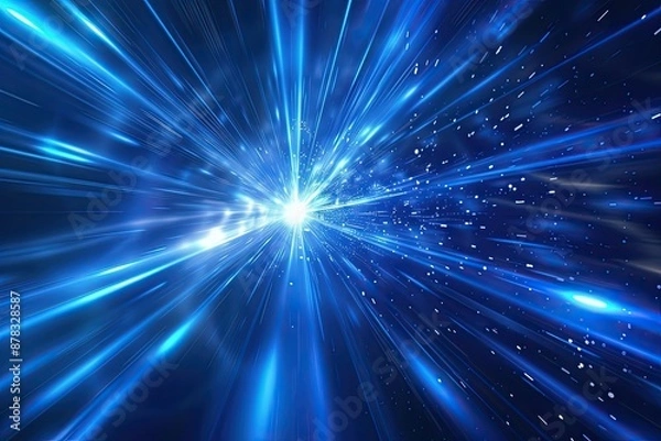 Fototapeta Blue and white glowing streaks of light and particles in space