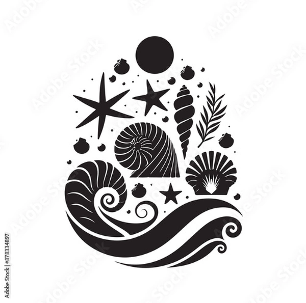 Obraz Set of different black sea shells and starfish vector illustration