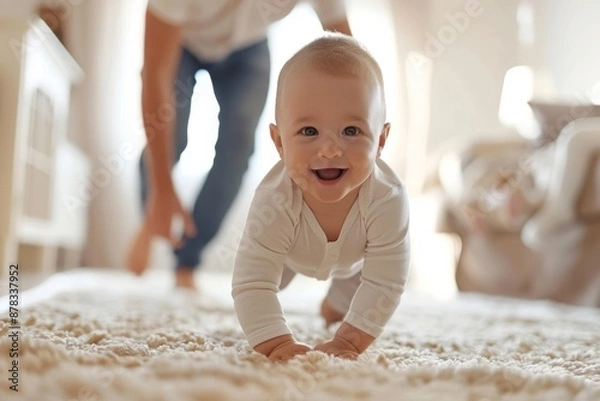 Fototapeta Baby learning first step to walk, father in the background