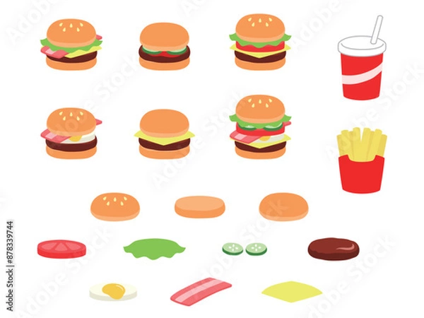 Obraz ハンバーガーのメニューと具材のイラストセット