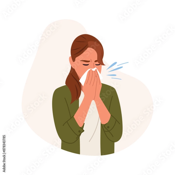 Fototapeta Vector illustration of a girl sneezes with splashes.Cartoon scene of a young girl with a cold sneezing into a white paper tissue, wearing a light t-shirt, a khaki shirt isolated on a white background.