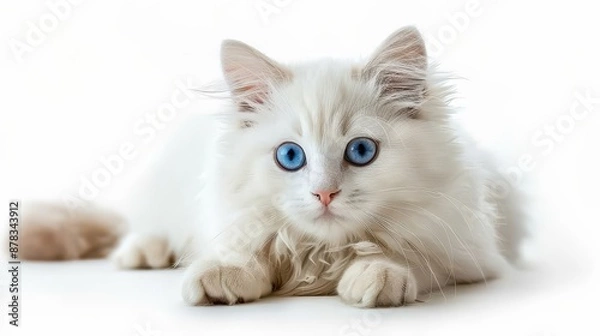 Fototapeta A beautiful white kitten with blue eyes is looking at the camera. The kitten is lying down and has a fluffy tail.