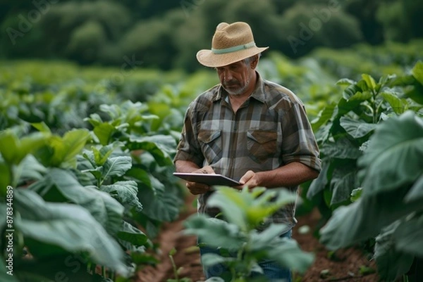 Fototapeta Farmer Inspecting Crops in a Lush Green Field