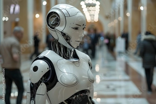 Obraz Futuristic Robot in a Modern Hallway with People in the Background