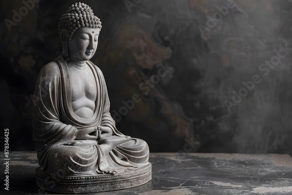 Fototapeta Serene Buddha Statue in Meditative Pose Against a Dark Background