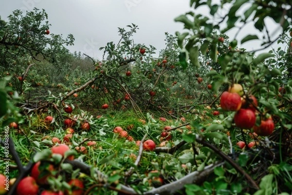 Fototapeta An apple orchard showing the aftermath of a storm, with broken branches and fallen apples scattered across the lush green ground, illustrating nature's resilience and recovery