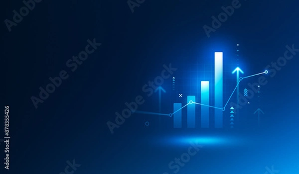Fototapeta Growth chart business strategy up arrow graph finance stock market or increase money profit diagram on financial concept success economy investment background with digital progress trade bar target.