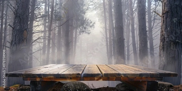 Fototapeta A rustic wooden podium in a foggy forest, with the mist creating an ethereal atmosphere among the tall trees.
