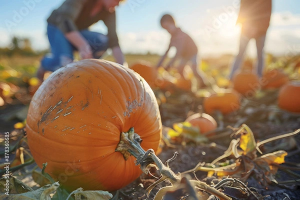 Fototapeta People picking pumpkins in a sunny field