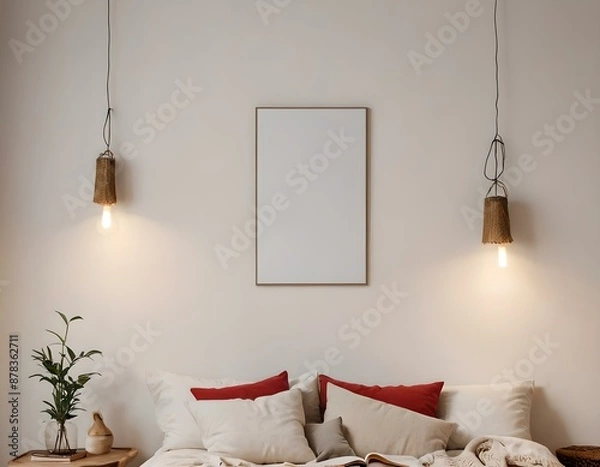 Fototapeta bedroom, Empty photo frame, display, art, mock up 3D home interior design with minimalistic layout. Clean and crisp