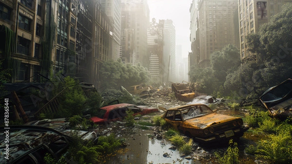 Obraz Crumbling Skyscrapers and Rusted Vehicles in a Post Apocalyptic Landscape