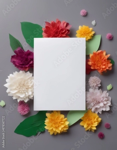 Fototapeta multicolored background green top paper card view blank flowers leaves grey white