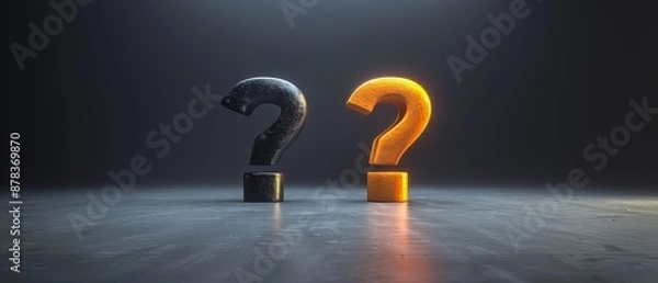 Fototapeta Two black and orange question marks are on a dark background
