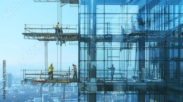 Fototapeta Construction of a high-tech office building with workers using advanced tools, glass and steel architecture, city background
