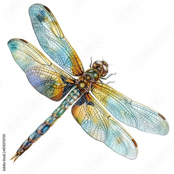 Fototapeta A colorful dragonfly with intricate wing patterns isolated on a white background.