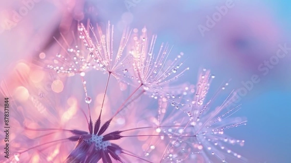 Fototapeta Water falls on a dandelion by parachute. generative ai