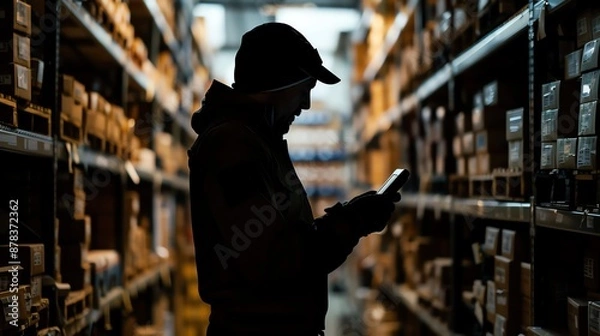 Fototapeta Silhouette of a logistics worker scanning barcodes, rows of shelves in the background, dim lighting