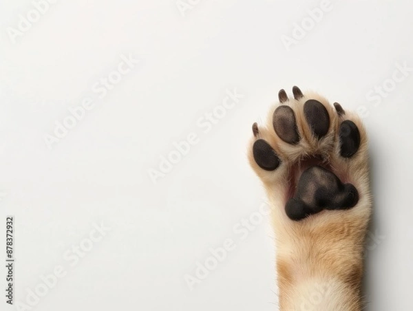 Fototapeta A dog's paw with black pads and sharp claws, isolated on white background. Paw print with copy space.