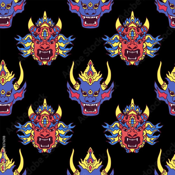 Fototapeta Seamless vector pattern with Asian style demon faces.Ornament in Thai style.