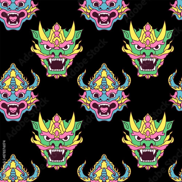 Fototapeta Seamless vector pattern with Asian demon masks.
