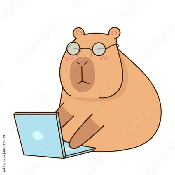Obraz Business sticker capybara in glasses behind a laptop