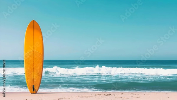 Fototapeta Yellow surfboard standing on a sandy beach with ocean waves and clear blue sky in the background, perfect for summer and coastal themes.
