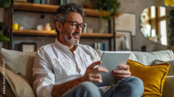 Obraz Man on sofa using tablet