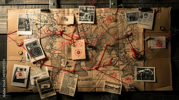 Fototapeta Detective Board with Fingerprints, Photos, Map, and Clues Connected by Red String: Investigative Work, Crime Scene Analysis, Mystery Solving Display