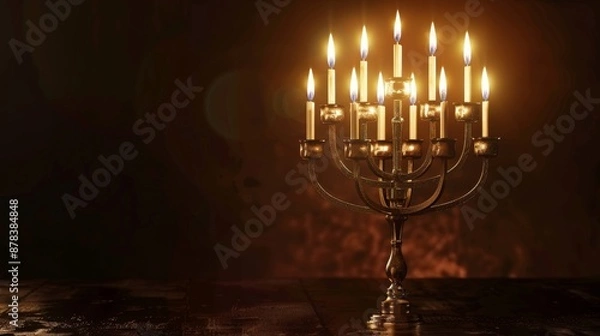 Fototapeta A traditional menorah with nine lit candles, glowing against a dark background.