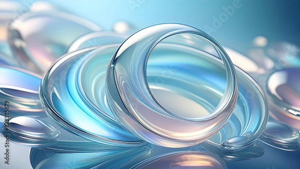 Fototapeta Abstract background of iridescent glass orbs, spheres, and circles.  Glass art, modern design, and trendy minimalist backdrop.