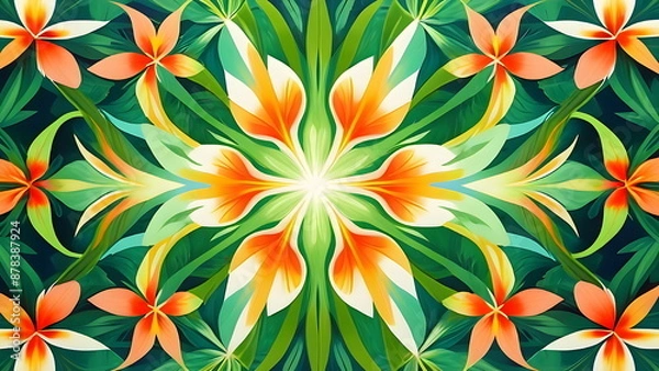 Fototapeta Symmetrical floral pattern with orange and white flowers and green leaves. Abstract kaleidoscopic design. Colorful botanical art.