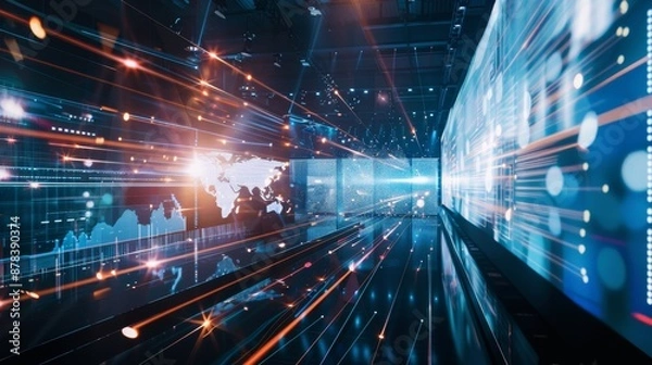 Fototapeta Abstract digital data stream with glowing lines and world map, representing global connectivity and digital information flow.