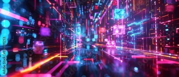 Fototapeta Abstract futuristic cityscape with neon lights.