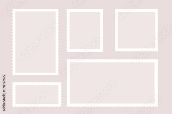 Obraz Empty post stamps set. Blank postal frames for mail letter with copy space for text or image. Postage perforated templates of paper postmarks. Vector illustration isolated on background