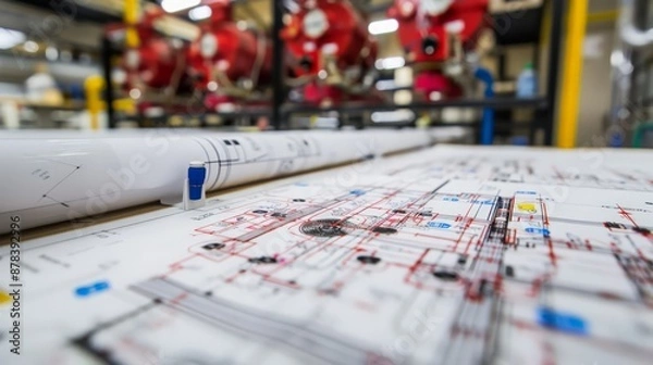 Obraz Blueprints with fire protection plans outline fire alarm locations, sprinkler systems,