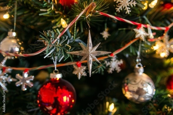 Fototapeta Vibrant christmas tree adorned with an array of colorful ornaments and festive decorations