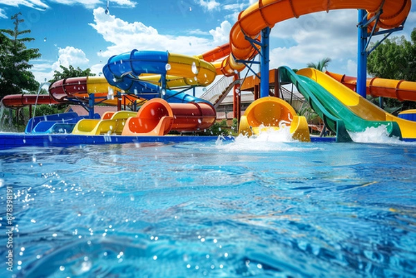 Fototapeta Water park with colorful slides and splashes in the pool, summer vacation activity for family or friends on holiday at outdoor waterpark or aquapark .