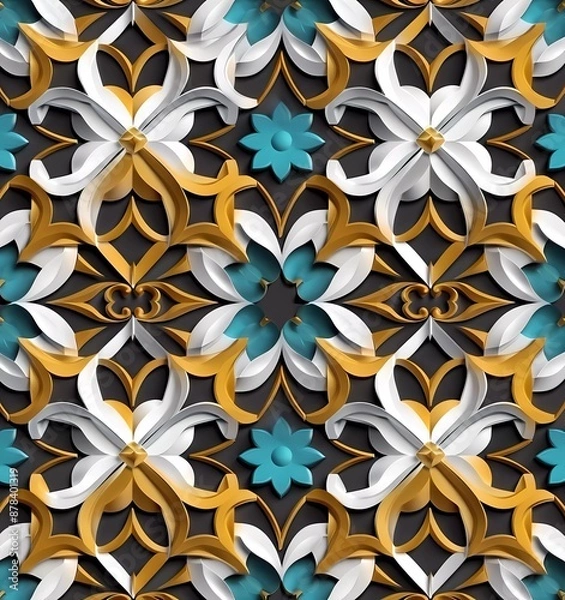 Fototapeta 3d vector seamless pattern with arabesque and islamic geometric ornament, grey black white blue turquoise yellow gold colors
