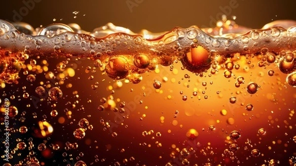 Fototapeta This image showcases a close-up view of effervescent bubbles in an amber-colored liquid, possibly soda or beer, with a foamy top layer and bright light reflections.
