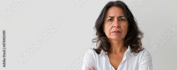Obraz Unhappy middle-aged Hispanic woman against a white background banner with copy space.