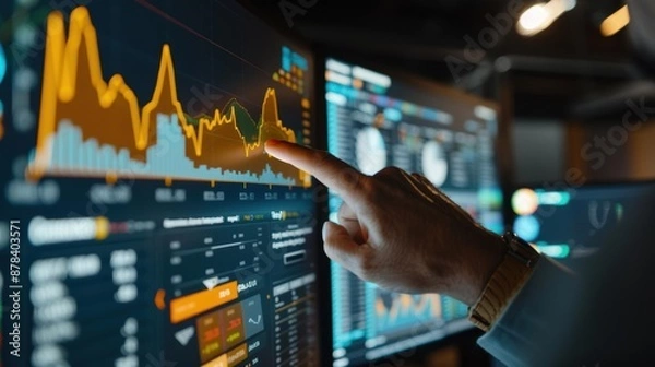 Fototapeta Closeup of a hand pointing at a financial chart on a computer screen.