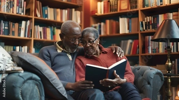 Fototapeta Senior Couple Enjoying Reading Large-Print Books in Cozy Home Library Nook