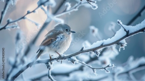Fototapeta Serene Bird Perched on Snowy Branch in Winter Wonderland