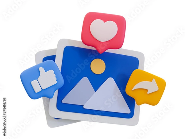 Fototapeta 3D illustration of social media icons with photos, a like button, a love heart, and a share arrow, representing social media engagement.