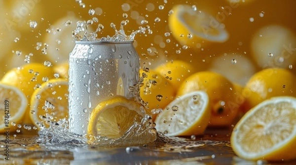 Fototapeta Lemon surrounding a silver soda can mockup photo with water splash product photography.