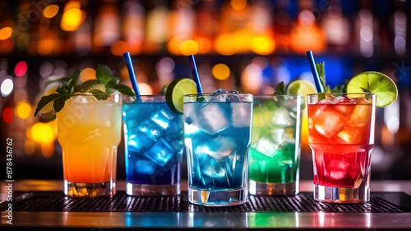 Obraz Bunte eisgekühlte Cocktails mit Limette und Minze an einer Bar