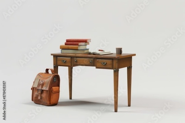 Fototapeta Wooden Desk with Books, a Mug, and a Backpack
